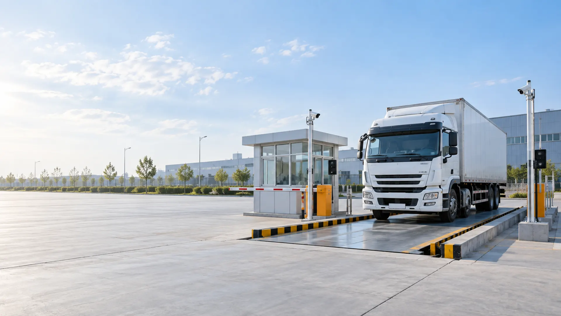工业园区内的货车、汽车衡、车牌识别相机与道闸，称重现场场景示意